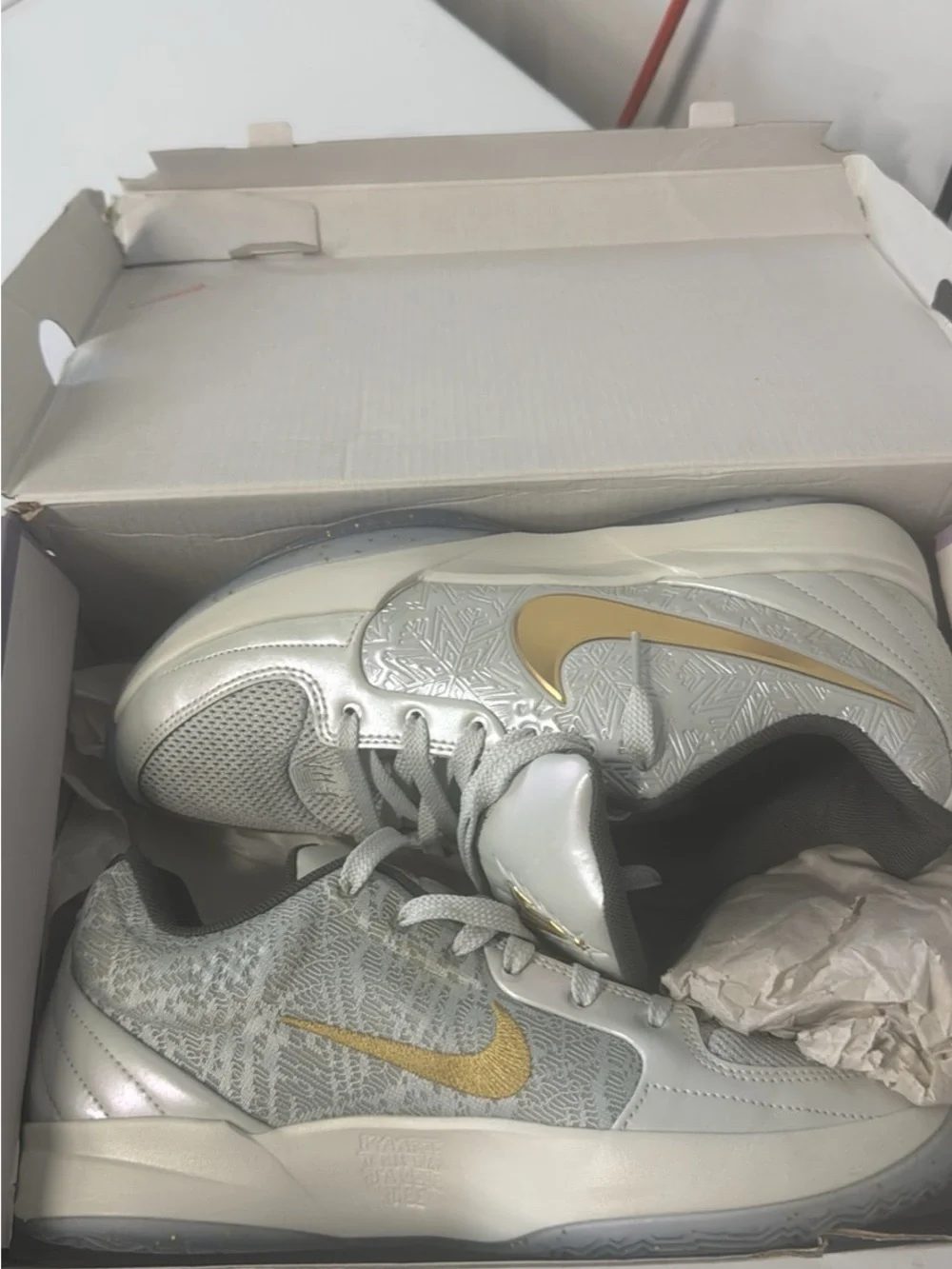Nike men’s ja morants Metallic Silver Sneakers with Gold Swoosh
